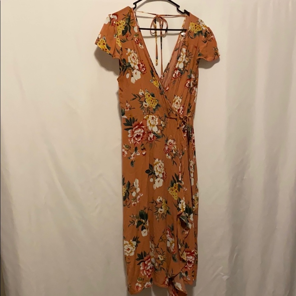 Pink floral midi wrap dress